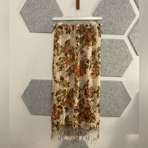 Berkeley Designs Fall Orange Green Cream Floral Scarf Wrap with Tassels Fringe
